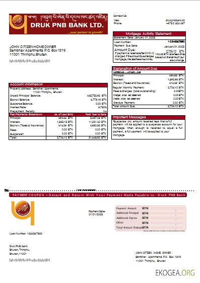 Bhoutan Druk PNB relevé hypothécaire bancaire scr